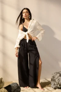 TRENDYOLMİLLA Black Weaving slit 100% Linen Maxi Beach High Waist Pants - Image 2