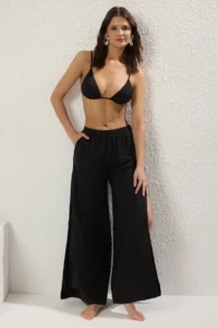 TRENDYOLMİLLA Black Weaving slit 100% Linen Maxi Beach High Waist Pants - Image 6