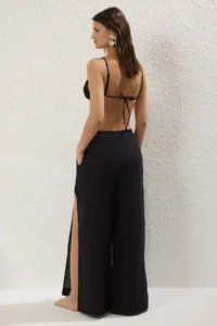 TRENDYOLMİLLA Black Weaving slit 100% Linen Maxi Beach High Waist Pants - Image 8