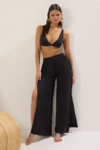 TRENDYOLMİLLA Black Weaving slit 100% Linen Maxi Beach High Waist Pants - Image 9