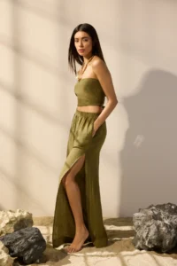 TRENDYOLMİLLA Khaki Weaving slit 100% Linen Maxi Beach High Waist Pants