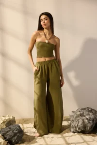TRENDYOLMİLLA Khaki Weaving slit 100% Linen Maxi Beach High Waist Pants - Image 2
