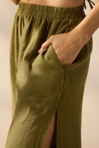 TRENDYOLMİLLA Khaki Weaving slit 100% Linen Maxi Beach High Waist Pants - Image 3