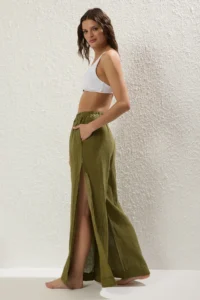 TRENDYOLMİLLA Khaki Weaving slit 100% Linen Maxi Beach High Waist Pants - Image 5