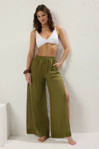 TRENDYOLMİLLA Khaki Weaving slit 100% Linen Maxi Beach High Waist Pants - Image 6