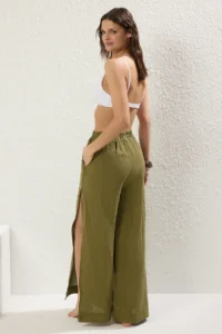TRENDYOLMİLLA Khaki Weaving slit 100% Linen Maxi Beach High Waist Pants - Image 8