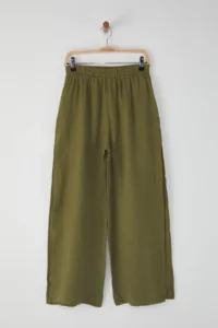 TRENDYOLMİLLA Khaki Weaving slit 100% Linen Maxi Beach High Waist Pants - Image 9