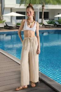 TRENDYOLMİLLA Stone Rengi Weaving Binding Detailed 100% Cotton Beach High Waist Pants