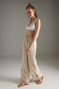 TRENDYOLMİLLA Stone Rengi Weaving Binding Detailed 100% Cotton Beach High Waist Pants - Image 2
