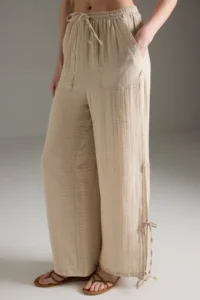 TRENDYOLMİLLA Stone Rengi Weaving Binding Detailed 100% Cotton Beach High Waist Pants - Image 4
