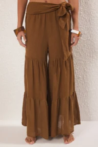 TRENDYOLMİLLA Brown Weaving with flywheel Maxi Beach High Waist Pants - Image 3