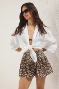 TRENDYOLMiLLA Leopard Patterned Weaving with flywheel Beach Mini High Waist Shorts & Bermuda - Image 2