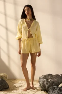 TRENDYOLMiLLA Yellow Weaving 100% Linen Beach Mini High Waist Shorts & Bermuda - Image 2
