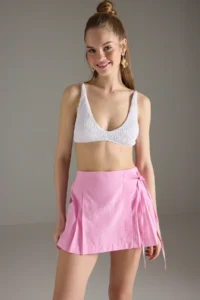 TRENDYOLMiLLA Pink Weaving Binding Detailed 100% Cotton Beach Mini High Waist Shorts & Bermuda - Image 3