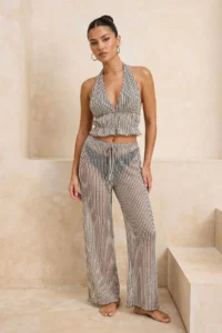 TRENDYOLMİLLA Striped Knitting Low-cut back Barbell Neck Beach Blouse Pants Set - Image 2