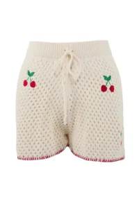 TRENDYOLMİLLA Ecru Knitwear Oversized Kiraz Motifli 100% Cotton Beach Shirt Shorts Set - Image 2