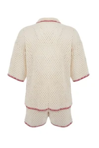 TRENDYOLMİLLA Ecru Knitwear Oversized Kiraz Motifli 100% Cotton Beach Shirt Shorts Set - Image 3