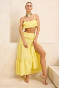 TRENDYOLMİLLA Yellow Weaving Ruffle Detailed Maxi Size Crop 100% Cotton Beach Blouse Skirt Set