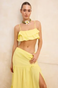 TRENDYOLMİLLA Yellow Weaving Ruffle Detailed Maxi Size Crop 100% Cotton Beach Blouse Skirt Set - Image 2