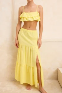 TRENDYOLMİLLA Yellow Weaving Ruffle Detailed Maxi Size Crop 100% Cotton Beach Blouse Skirt Set - Image 3