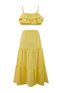 TRENDYOLMİLLA Yellow Weaving Ruffle Detailed Maxi Size Crop 100% Cotton Beach Blouse Skirt Set - Image 5