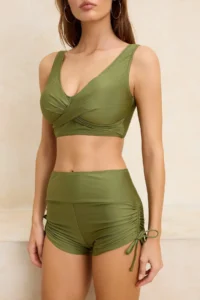 TRENDYOLMİLLA Khaki tunnelled bralette Covered Binding Detailed Shorts Bikini Set - Image 3