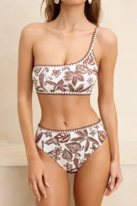 TRENDYOLMİLLA Brown Tropical Patterned Embroidered One Shoulder Covered High Waist Regular Bikini Set - Image 3