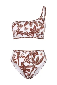 TRENDYOLMİLLA Brown Tropical Patterned Embroidered One Shoulder Covered High Waist Regular Bikini Set - Image 5