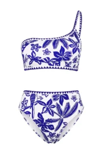 TRENDYOLMİLLA Mavi Tropical Patterned Embroidered One Shoulder Covered High Waist Regular Bikini Set - Image 5