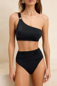 TRENDYOLMİLLA Black One Shoulder Accessory Detailed Covered Super High Waist Regular Bikini Set - Image 3