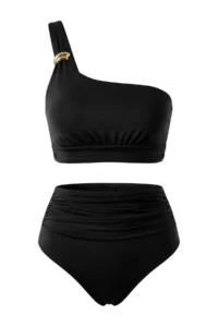 TRENDYOLMİLLA Black One Shoulder Accessory Detailed Covered Super High Waist Regular Bikini Set - Image 5