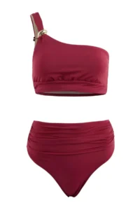 TRENDYOLMİLLA Burgundy One Shoulder with accessories Covered High Waist Regular LYCRA® XTRA LIFE Bikini Set