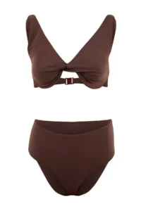 TRENDYOLMİLLA Brown balconette Covered High Waist Regular Bikini Set