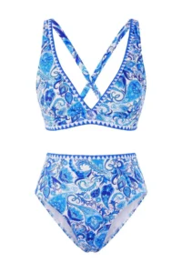 TRENDYOLMİLLA Ethnic Patterned Triangle Embroidery Detailed Covered High Waist Regular Bikini Set - Image 5