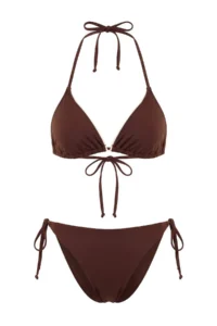 TRENDYOLMİLLA Dark Brown Color Bloklu Triangle Regular Waist Covered Regular Bikini Set - Image 5