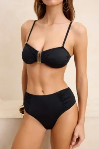 TRENDYOLMİLLA Black Strapless Covered Accessory Detailed High Waist Regular Bikini Set - Image 3