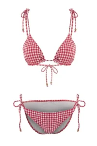 TRENDYOLMİLLA Rejection Plaid textured Triangle Covered Boncuk with accessories Low Waist Regular Bikini Set - Image 5