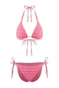 TRENDYOLMİLLA Pink textured Triangle Covered Frilly Low Waist brazilian Bikini Set