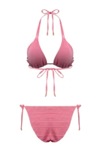 TRENDYOLMİLLA Pink textured Triangle Covered Frilly Low Waist brazilian Bikini Set - Image 2