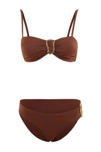 TRENDYOLMİLLA Brown Strapless Covered with accessories Regular Waist Regular Bikini Set