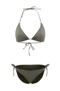 TRENDYOLMİLLA Khaki Simli Triangle Covered with buckle Regular Waist Regular Bikini Set