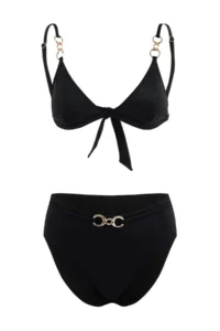 TRENDYOLMİLLA Black Triangle Covered with accessories High Waist Regular Bikini Set