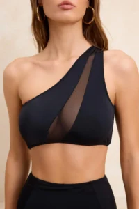 TRENDYOLMİLLA Black Mesh Detailed One Shoulder Covered Bikini Top - Image 3