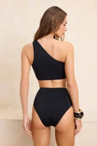TRENDYOLMİLLA Black Mesh Detailed One Shoulder Covered Bikini Top - Image 4