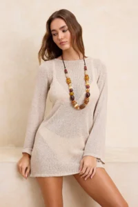 TRENDYOLMİLLA Beige Knitwear Back Detailed Super Mini Beach Dress