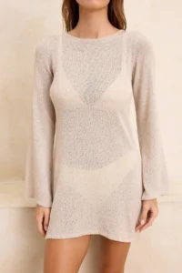 TRENDYOLMİLLA Beige Knitwear Back Detailed Super Mini Beach Dress - Image 3