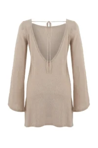 TRENDYOLMİLLA Beige Knitwear Back Detailed Super Mini Beach Dress - Image 6