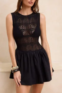 TRENDYOLMİLLA Black Knitting Lace Super Mini Beach Dress - Image 3