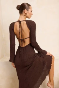 TRENDYOLMİLLA Brown Knitting Maxi Low-cut back Crepe Detailed Beach Dress - Image 2