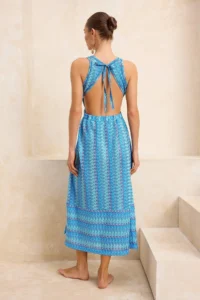 TRENDYOLMİLLA Mavi Geometric Patterned Knitting Maxi Low-cut back Beach Dress - Image 4
